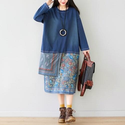 Women printed Patchwork Plus Size Dress Female Vintage Irregular Contrast Color Dresses Loose Ladies 2019 Autumn Splice Dress