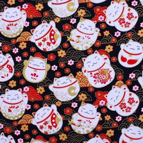 1 yard Printed Cotton Woven Fabric - Lucky Cat and Flower on Black Background (width=140cm)