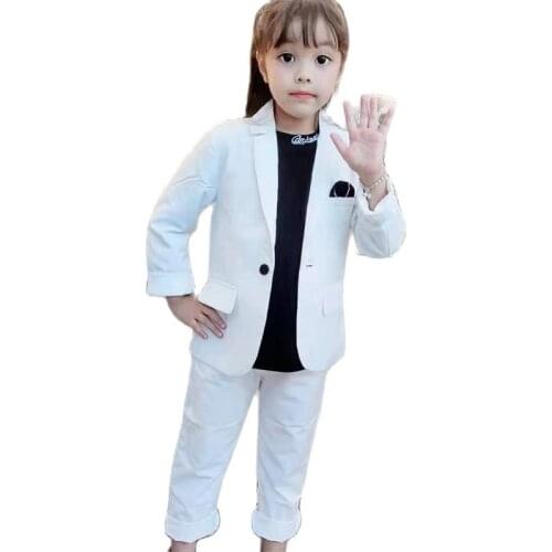 2021 Girls White Wedding Suit Kids Jacket+Vest+Pants 3Pcs baptism Tuxedo Clothing Set Children Graduation Party Costume