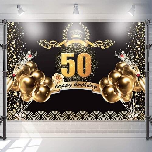 50th Happy Birthday Backdrop 150x210cm Black and Gold Birthday Banner for Party Fifty Years Old Background for Men and Women