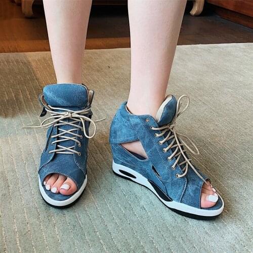 Boots Female Women Shoes Blue Wedges Plateform Shoes Punk Peep Toe Hollow Out Summer Boots Black Ankle Boots Women Wedge