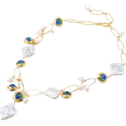 GG Jewelry Natural Freshwater Cultured White Keshi Pearl Blue Murano Glass Necklace 21" Handmade For Women
