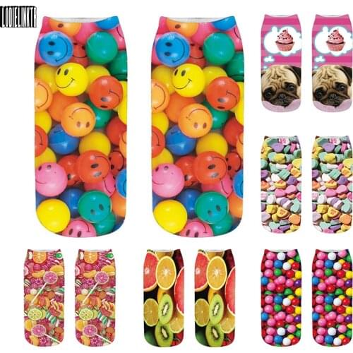 3D Printing Food Cotton Socks Fun Burger Fries Fruit Lollipop Printed Harajuku Short Socks For Women Happy Fuzzy Low Ankle Socks
