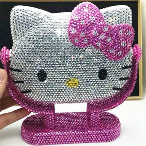 Cartoon Vanity Mirror Diamond Helloo Kitty Decorative Mirrors Rhinestones Car Decor Kitty Cat Makeup Mirrors for Bedroom Kawaii