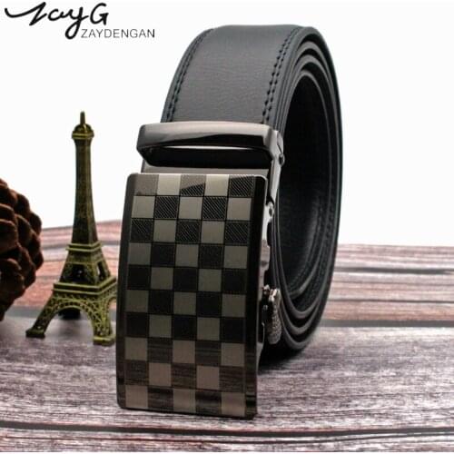 ZAYG Men Brand Belt Fashion lattice Metal Automatic Buckle Black Belt Men Genuine Leather Belt High Quality Vintage Buckle Belt