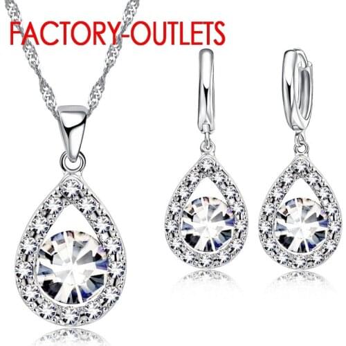925 Sterling Silver Bridal Jewelry Sets Shiny Austrian Crystal Water Drop Necklaces Hoop Earrings Women Girls Engagement Jewelry