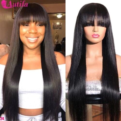 Human Hair Wigs With Bangs Brazilian Straight Wigs Pre Plucked For Black Women Wigs Full Machine Made Hair Wigs Natural Color