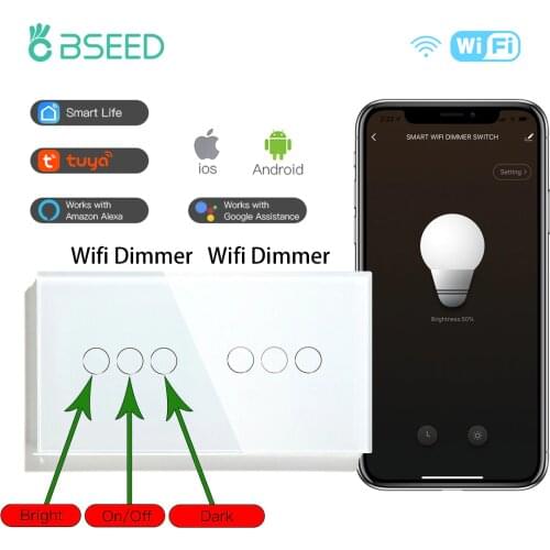 Bseed WIFI Dimmer Switch Double Wall Touch Switch Smart Dimmable Crystal Panel White Black Golden Wireless Smart Life TUYA App