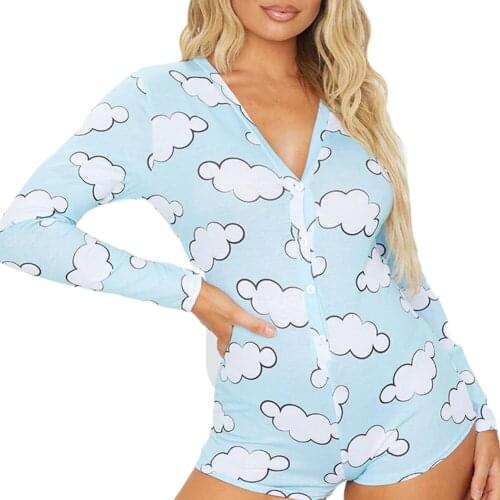 New Fashion Women Ladies Summer Autumn Long Sleeve Pajamas Romper Boxer Cloud Dot Printed Slim Nightwear Female Sleeping Wear