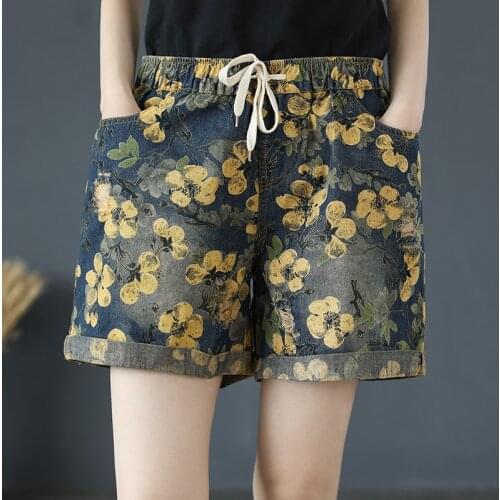 Summer Fashion Print Floral Shorts Curling Elastic Waist Drawstring Denim Shorts Women All-Match Pocket Feminino Short Pants New