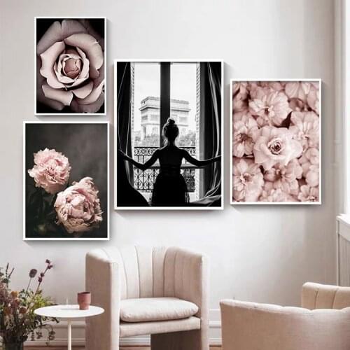 Scandinavian Print Poster Pink Flower Sexy Window Girl Nordic Wall Art Canvas Painting Modern Picture Living Room Decor Unframed
