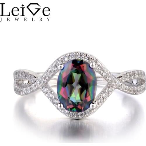 Leige Jewelry Mystic Topaz Ring Oval Shaped Engagement Rings Rainbow Topaz Gemstone Jewelry 925 Sterling Silver Split Band