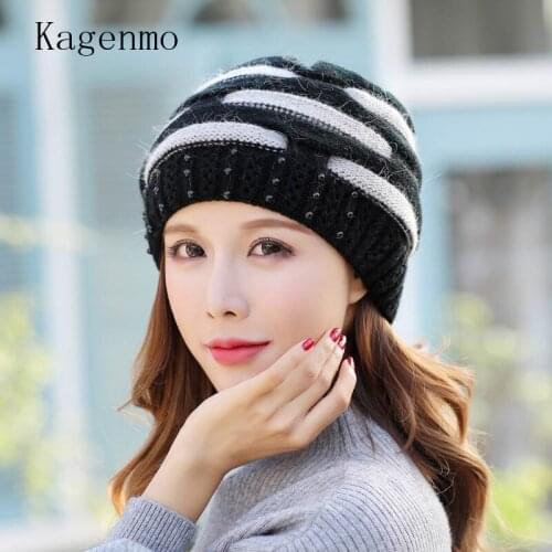 Kagenmo Pearl Double Rabbit Fur Knitted Hat Warm Winter Female Rabbit Fur Beret Mother New Years Gift