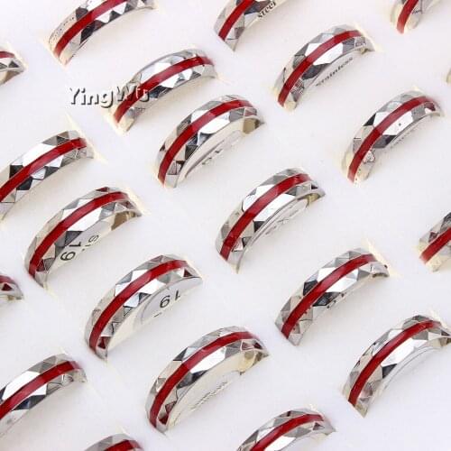 Yingwu Wholesale 5pcs/lot Fashion Jewelry Silver & Red Titanium Band Stainless Steel Ring For Men Women Size 7-11