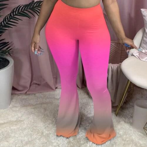 Multi Color Gradient Long Pants for Women Mid Waist Stretchy Bodycon Slim Fit Boot Cut Flared Pants Bell Bottoms Floor Length