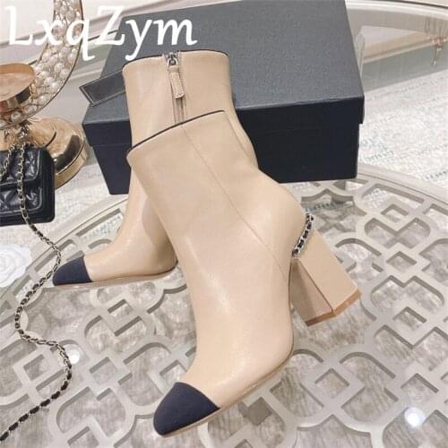 Mix Color Fabric Ankle Boots Women Zipper High Heel Shoes Round Toe Leather Autumn Ladies Short Boots High Quality Brand Shoes
