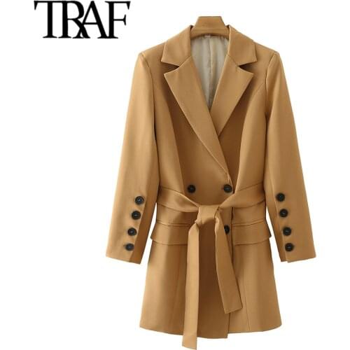 TRAF Women Fashion With Belt Double Breasted Blazer Coat Vintage Long Sleeve Flap Pockets Female Outerwear Chic Veste