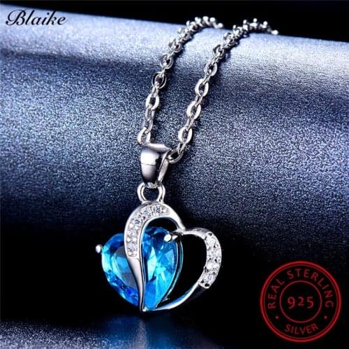 Female Austrian Crystal Heart Pendant Necklaces For Women 925 Sterling Silver Necklace Aquamarine Blue Green Stone Bride Jewelry