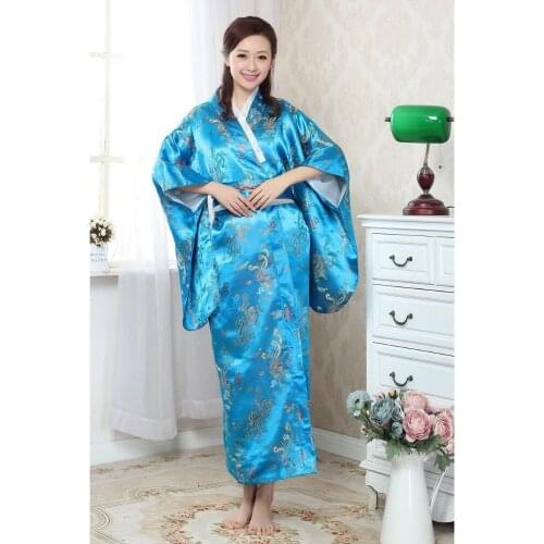 Lakeblue Japanese Traditional Womens Silk Kimono Yukata Haori With Obi Free Shipping Performance Stage Clothing Flower One Size