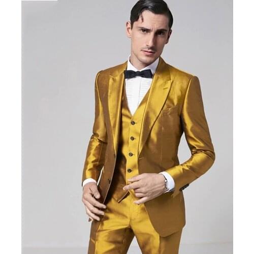 New Arrival Golden Yellow Satin Men Suits Slim Fit Prom Party Stage Performance Costumes Ceremony Suits