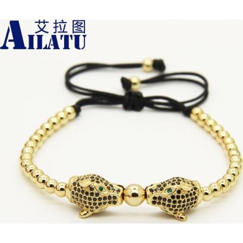 Ailatu 4mm Copper beads with Micro Paved Black Cz Beads Macrame Leopard Bracelets Animal Shape