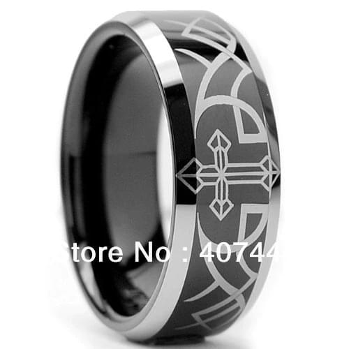 Free Shipping Super Sales 8MM Black Tungsten Wedding Band Ring Laser Etched Cross and Thorn Design Sizes 6 to 13
