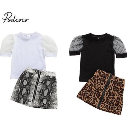 2020 1-6Y Toddler Baby Girl Clothes Summer Fashion New Puff Short Sleeve Blouse Tops Zipper Leopard A-line Skirts 2pcs Set