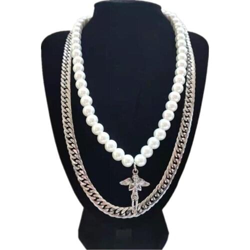 Little Angel Double-layer Pearl Stitching Necklace, The Same Trendy Hip-hop Titanium Steel Clavicle Chain for Men and Women