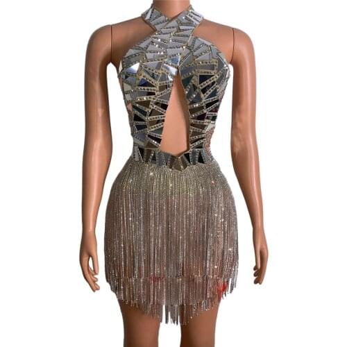 Festival Rave Outfits Nightclub Gogo Dancer Sexy Mirror Tassel Dress Female Singer Stage Performance Costumes