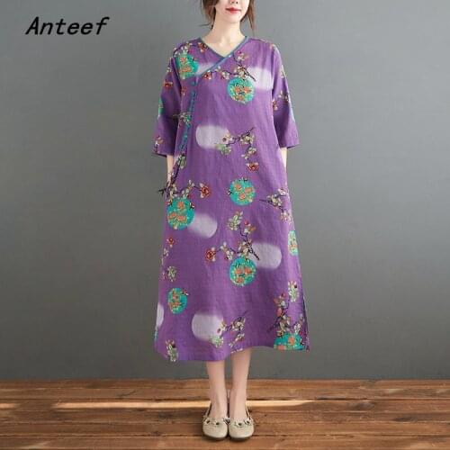 Cotton linen plus size vintage floral dresses for women casual loose long woman summer dress elegant clothes 2021 sundress