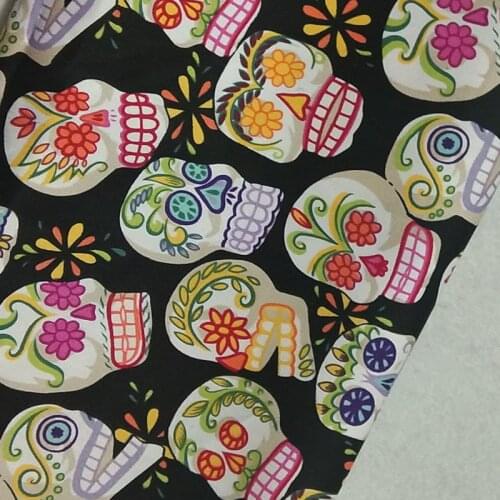 Cotton Spandex viaPhil Halloween Colorful Flower Skull Printed Fabric Elastic Skull Fabric Patchwork Cloth Dress Home Decor
