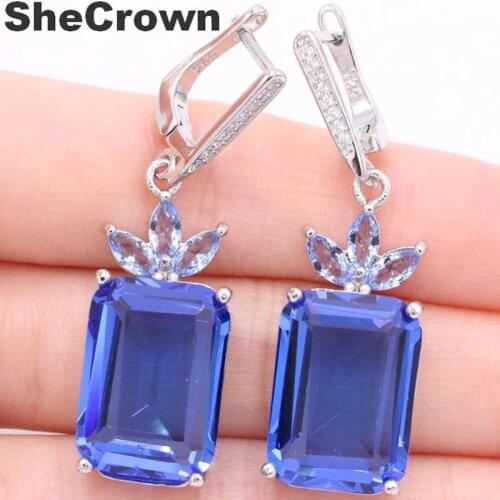 44x13mm SheCrown Jewelry Set Created Rich Blue Violet Tanzanite White Cz For Sister Daily Wear Silver Pendant Earrings