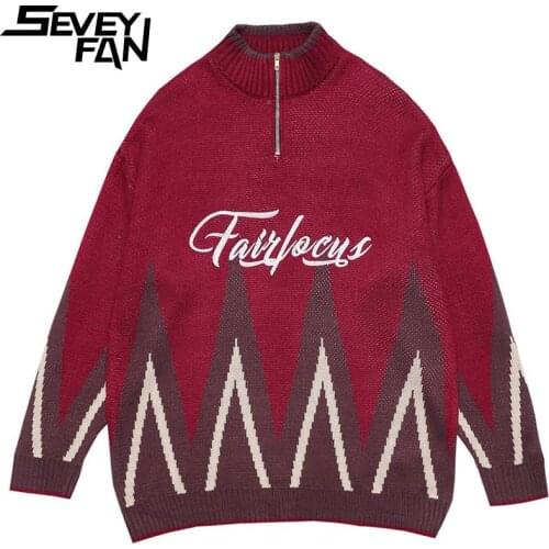 SEVEYFAN Mens Retro Letter Embroidery Turtleneck Sweater Color Contrast Loose Knitwear Pullover for Couples