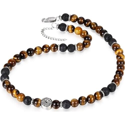 2019 New Mens Natural Tiger Eyes Map stone Lava Bead Choker Necklace for Men Women Stainless Steel Beaded Charm DNM22A