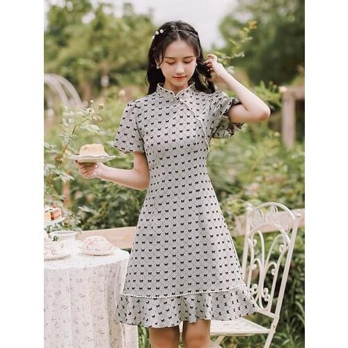 2021 Summer New Womens Retro Chinese Style Cheongsam Dress Literary Girl Style Playful Casual Daily Printed Fishtail Dress