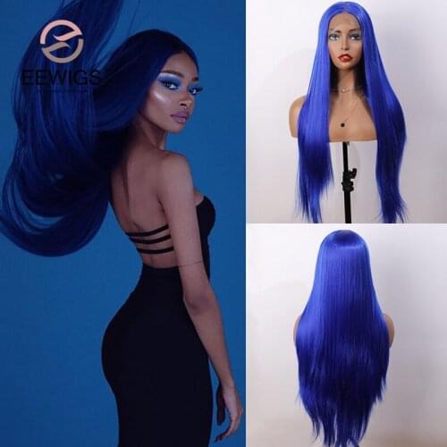 Royal Blue Lace Front Wig Middle Part Heat Resistant Synthetic Wig With Natural Hair Line Daily/Lolita Wigs For White Women