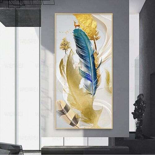 Nordic Abstract Colorful Feathers With Golden Deer Rich Tree Canvas Painting Wall Pictures For Living Room Cuadros Home Decor