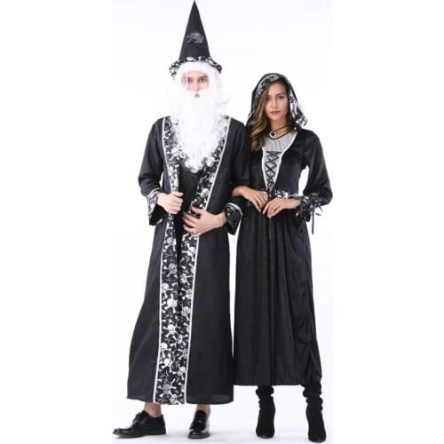 Renaissance Medieval Dress Robe Women Men Gothic Witch Queen Dresses Black Print Skeleton Vampire Gown Halloween Costume