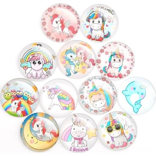 10Pcs Glass Cabochon Mixed Pattern Fit Cameo Base Cartoon Unicorn Round Earrings Necklace Pendant DIY Handmade Craft Supplies