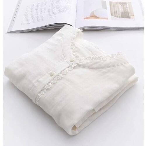 Cotton 100% White Women Shirts Summer New 2021 Sweet Style Solid Lace Ruffles Neck Long-Sleeved Elegant Office Lady Outwear Tops