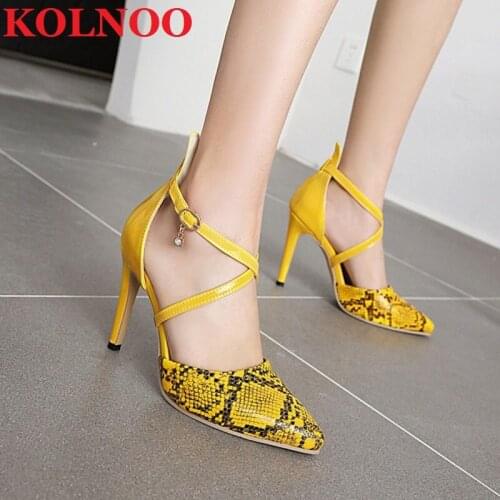 KOLNOO Ladies Handmade High Heeled Sandals Faux-Snake Leather Cross-Buckle Strap Three Colors Pointy Party Prom Fashion Shoes