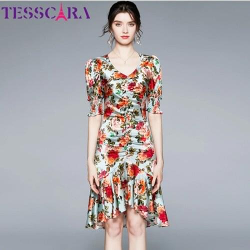 TESSCARA Women Summer Elegant Satin Dress Festa High Quality Vintage Office Party Robe Femme Runway Designer Trumpet Vestidos