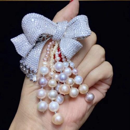 Natural fresh water pearl tassels brooch pins 925 sterling silver bowknot fine women jewelry romantic cute free shipping
