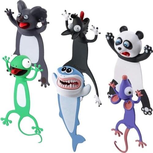 6 Pcs 3D Wacky Animal Bookmark Funny PVC Cartoon Animal Bookmarks Squashed Pals Bookmark for Students and Kids