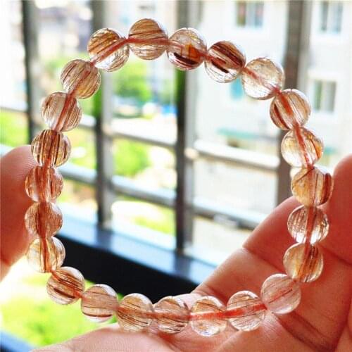 8.5mm Genuine Natural Copper Rutilated Quartz Bracelet Clear Round Beads Bangle Rare Women Men Wealthy AAAAA