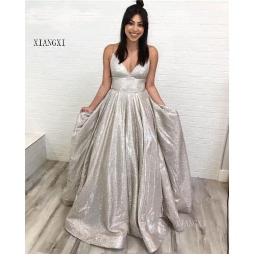 Sparkly Arabic Prom Dresses 2020 Deep V-Neck Sleeveless A-Line Shinny robe de soiree evening dress