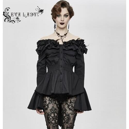 EVA LADY Womens Goth Gorgeous Off Shoulder Long Sleeve Blouses Formal Party Flower Collar Cotton Puff Sleeve Shirt