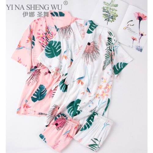 New Short Sleeve Pajamas Set for Women Hrajuku Kimono Cotton Sleepwear 2Pcs Nightwear Cute Print Homewear Summer Lounge Pyjamas