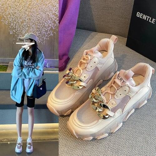 Summer new ladies sneakers simple fashion mesh breathable metal decorative thick-soled running shoes large size 35-40