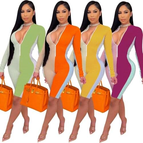 Summer Women Playsuit Patchwork Stand Collar Full Sleeve Front Zip Bodycon Elastic Playsuits Female Tracksuit Outfit